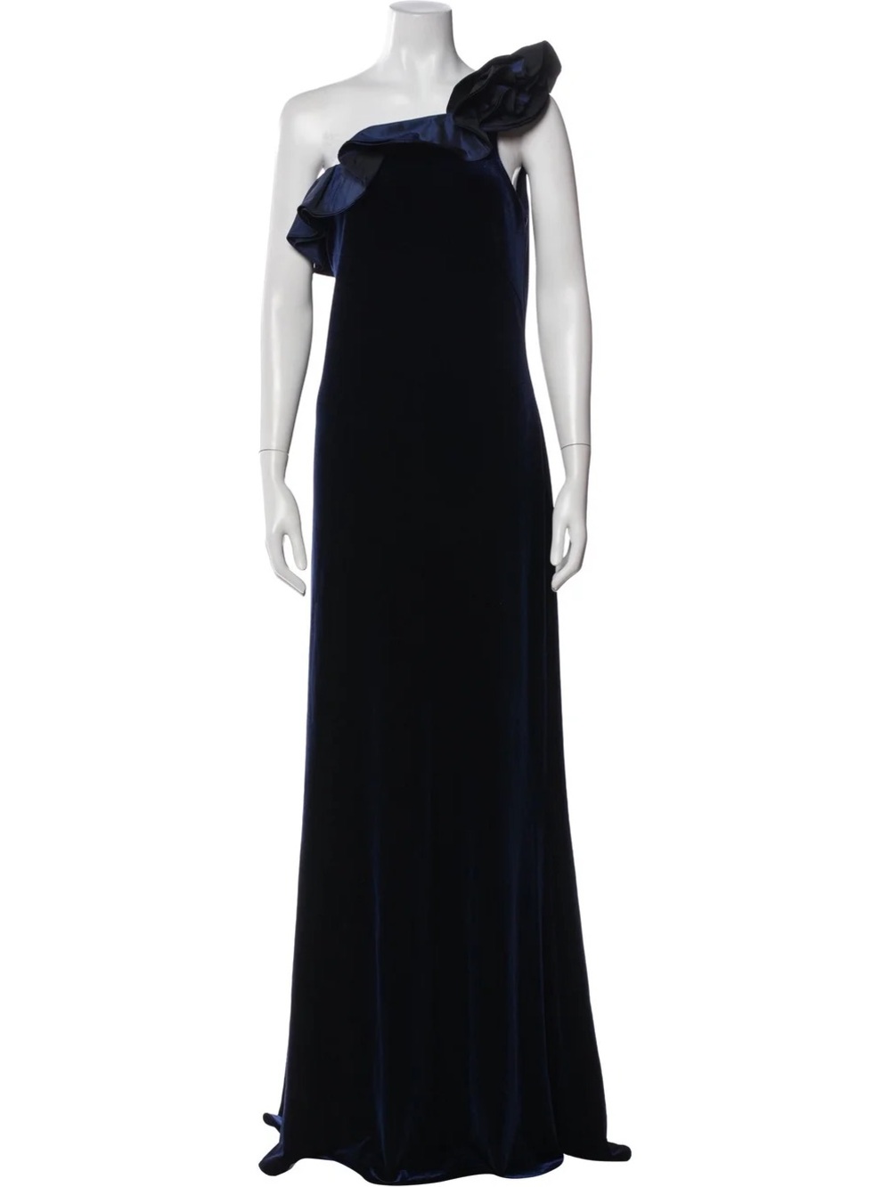 Teri Jon By Rickie Freeman Navy Blue Velvet Gown One Shoulder Size 10